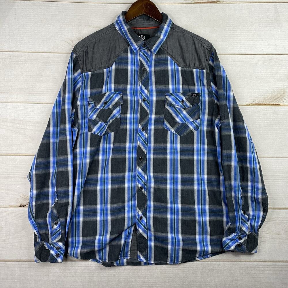 Rock & Republic Mens Shirt Sz XL Blue Black Plaid Long Sleeve Pockets Button Up